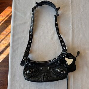 Balenciaga Le Cagole small Black Leather Shoulder Bag with Silver Accents